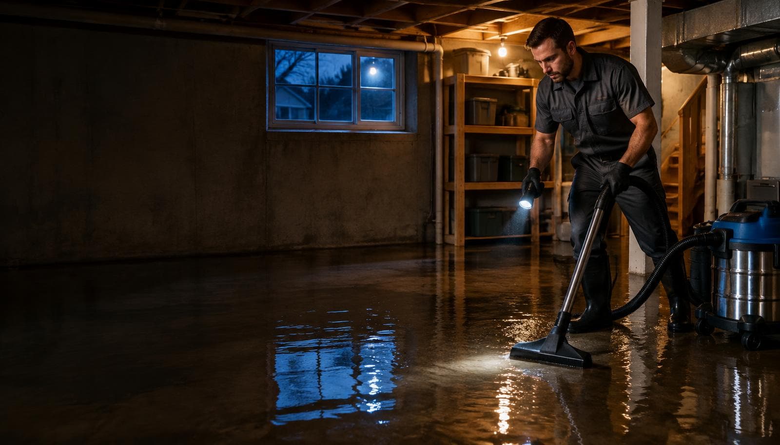 Restoration technician responding to a flooded basement at night